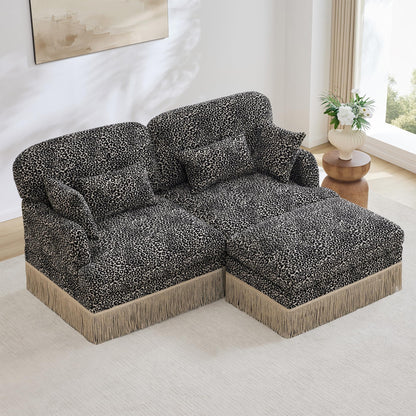 KEIKI 69.2" L Shaped Loveseat Sofa with Ottoman, Modular Chenille Leopard Print Couch with Tassel Trim, Deep Seat Sectional Sofa for Bedroom Lounge Setup