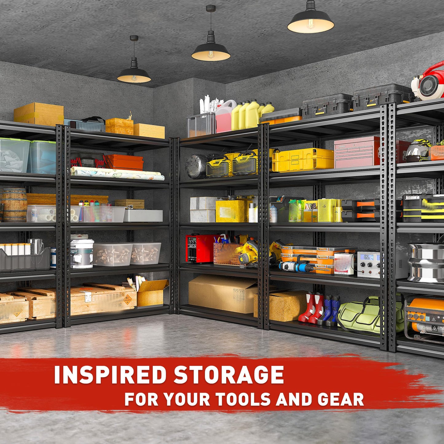 REIBII 72" H Garage Shelving Load 2500 LBS, Heavy Duty Storage Shelves, 5-Tier Adjustable Garage Shelves for Warehouse, Basement, 72" H x36 W x18 D, Black, 3 Pack