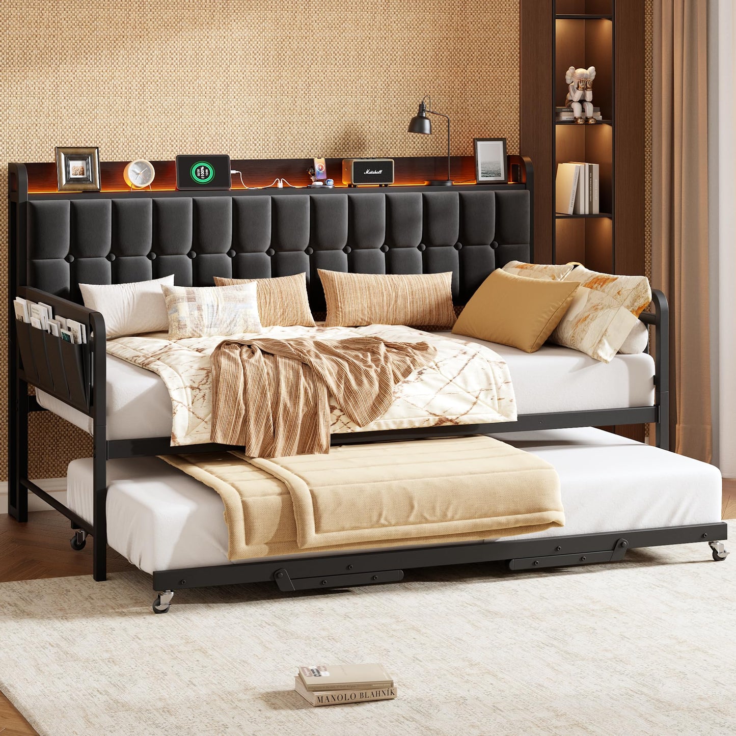 Daybed with Trundle, Metal Twin Bed Frame with Upholstered Storage Headboard, Charging Station & LED, Sofa Day Bed with Pop Up Trundle, Side Pockets, Sturdy Supports for Living Room and Bedroom, Black