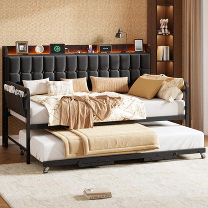 Daybed with Trundle, Metal Twin Bed Frame with Upholstered Storage Headboard, Charging Station & LED, Sofa Day Bed with Pop Up Trundle, Side Pockets, Sturdy Supports for Living Room and Bedroom, Black