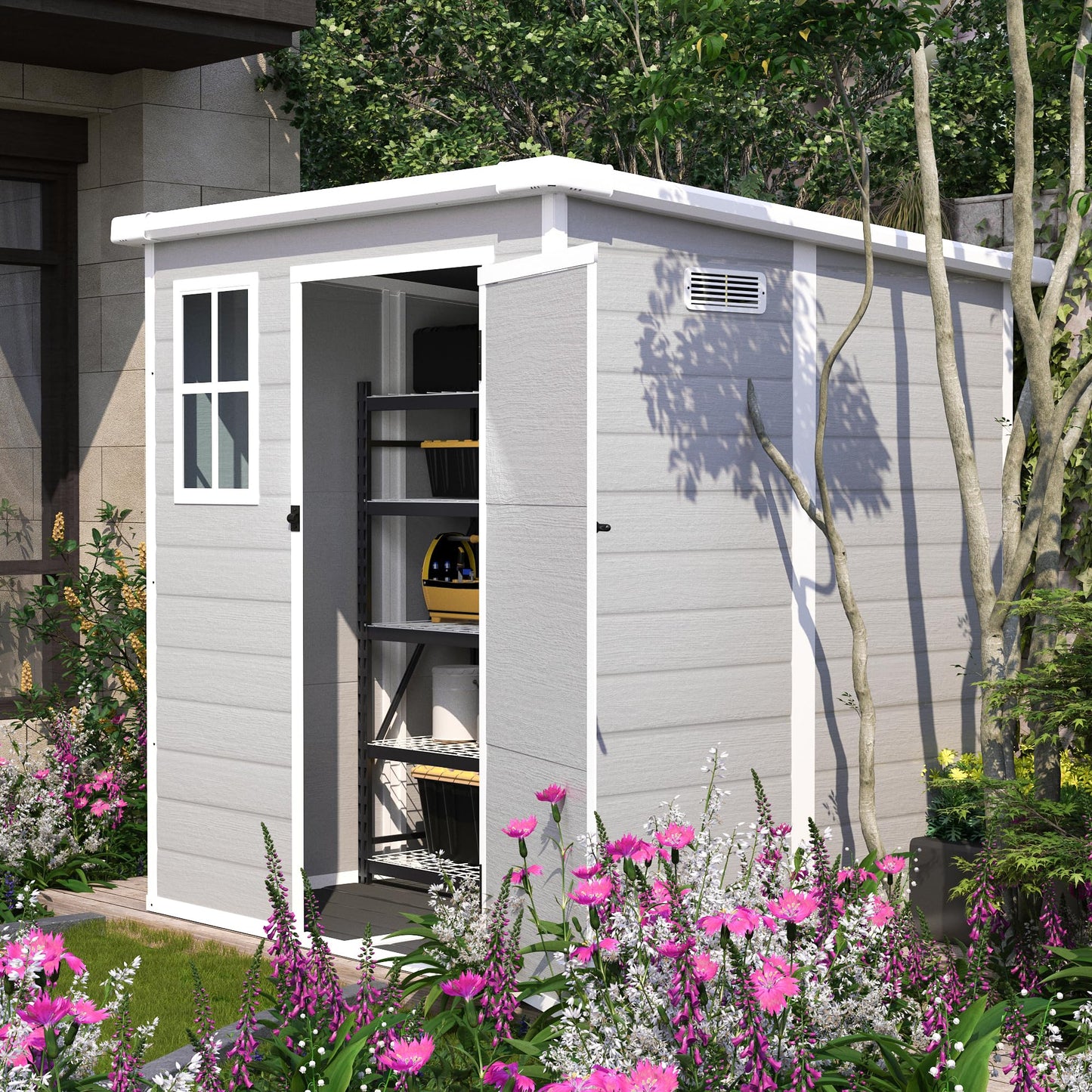 YOPTO 6x6 FT Storage Shed Garden House with Lockable Doors and Vents Waterproof Resin Outdoor Tool Cabinet W/Floor & Window,for Bicycles,Lawnmowers,Lawn,All Weather Use,Gray