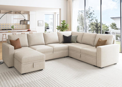 HONBAY Modular Sectional Sleeper Sofa with Pull Out Bed, U Shaped Sectional Couch with Storage Ottoman, Sleeper Sectional Couches for Living Room, Beige