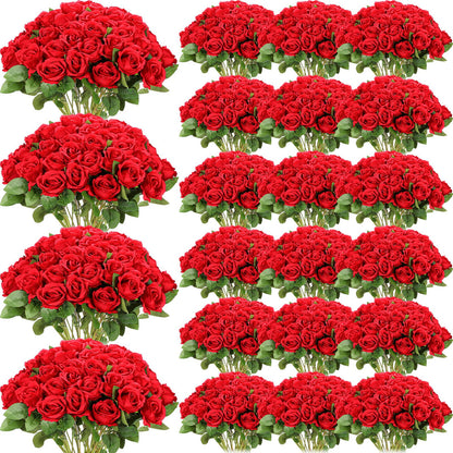 Riceshoot 500 Pcs Artificial Silk Roses Flowers with Long Stem Bridal Wedding Bouquet Realistic Floral Bulks for Garden Home Party Gifts Favor Decoration(Red)