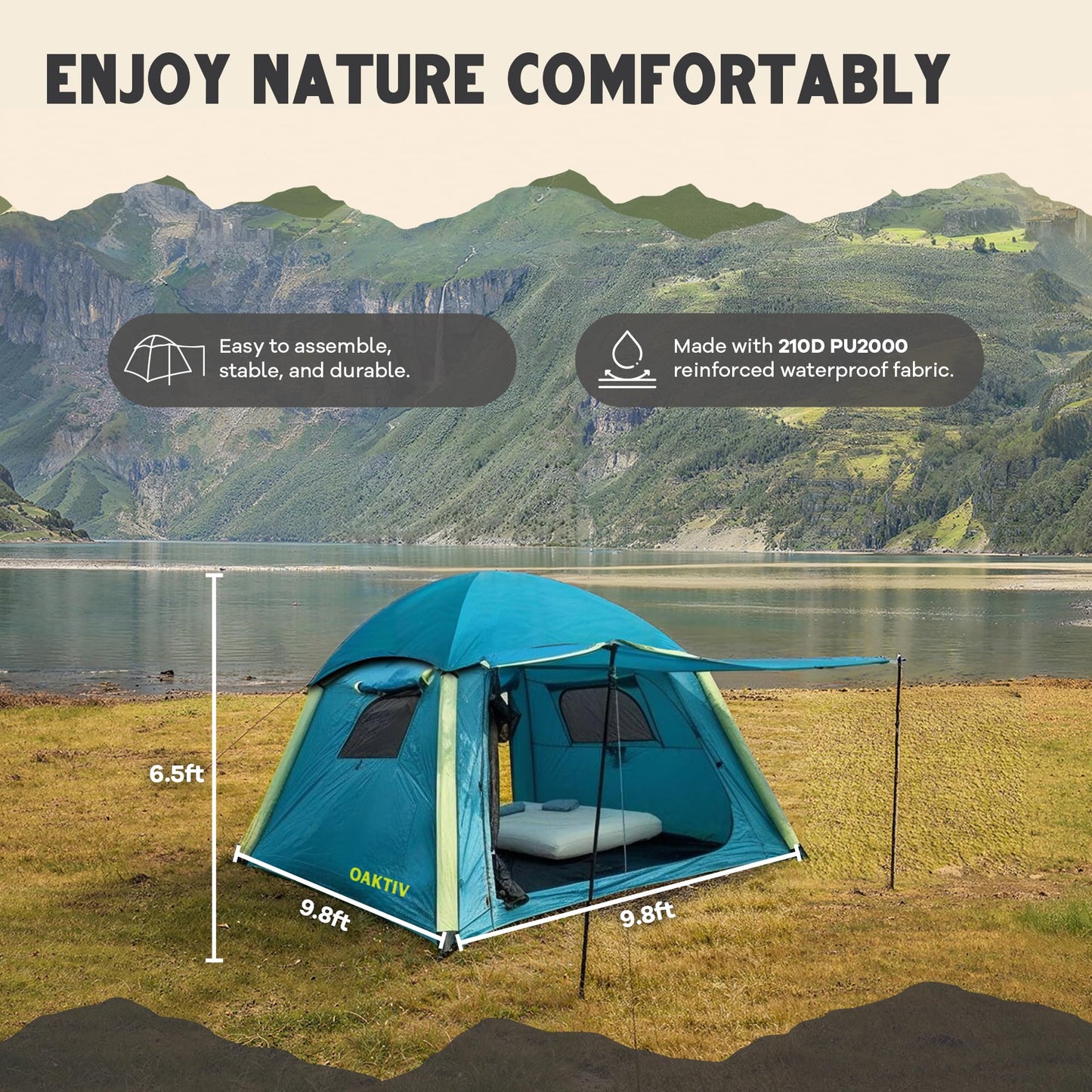 Oaktiv Inflatable Tents for Camping - CloudCamp Glamping Tent for 6 People Waterproof Oxford Fabric(210D), Quick Setup Air Tent with Manual & Battery Pump, UV Protection, 4-Season Inflatable Tent