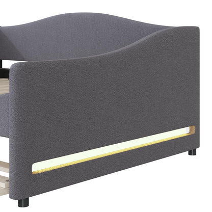 Merax Full Size Upholstered Daybed with Light and Trundle, Gray Teddy Fleece Sofa Bed Modern Wooden Platform Bed Frame for Bedroom, Living Room, Guest Room, Apartment