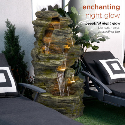 Alpine Corporation WIN1092 Outdoor Multitiered Rock Waterfall Floor Fountain with Warm White LED Lights, 51" Tall, Brown