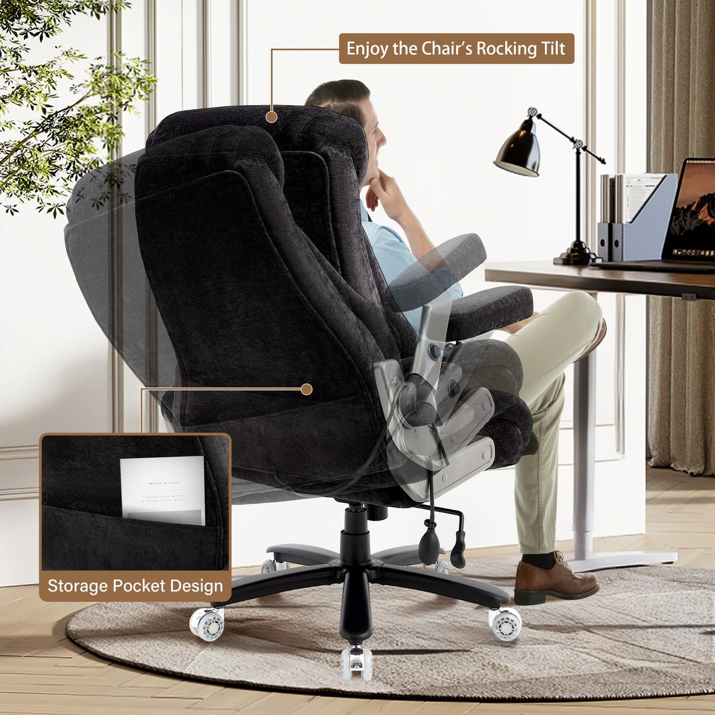 Fabric 700lbs Big and Tall Office Chair, Ergonomic Heavy Duty Executive Cloth Office Chair with 5D Flip Arms & Adjustable Lumbar Support & Dual Rubber Wheel, Large Thick Padded Extra Wide Seat, Black