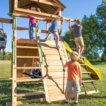Backyard Discovery Endeavor Cedar Wood Swing Set with Wave Slide, Play Deck, Double Rock Wall, Rope Ladder, Climbing Wall, Belt Swings, 40-Inch Web Swing, Step Ladder, Toy Telescope, Outdoor Playset