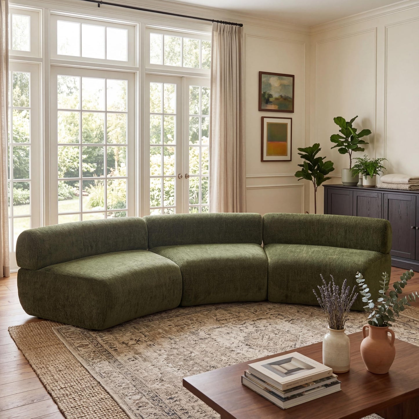 Christopher Knight Home Amino 118.5" Modular Sectional Sofa Chair, Modern Curved 3-Seater Large Sofa Couches, Comfy Upholstered Sectional Cloud Couch for Living Room, No Assembly Required, Green