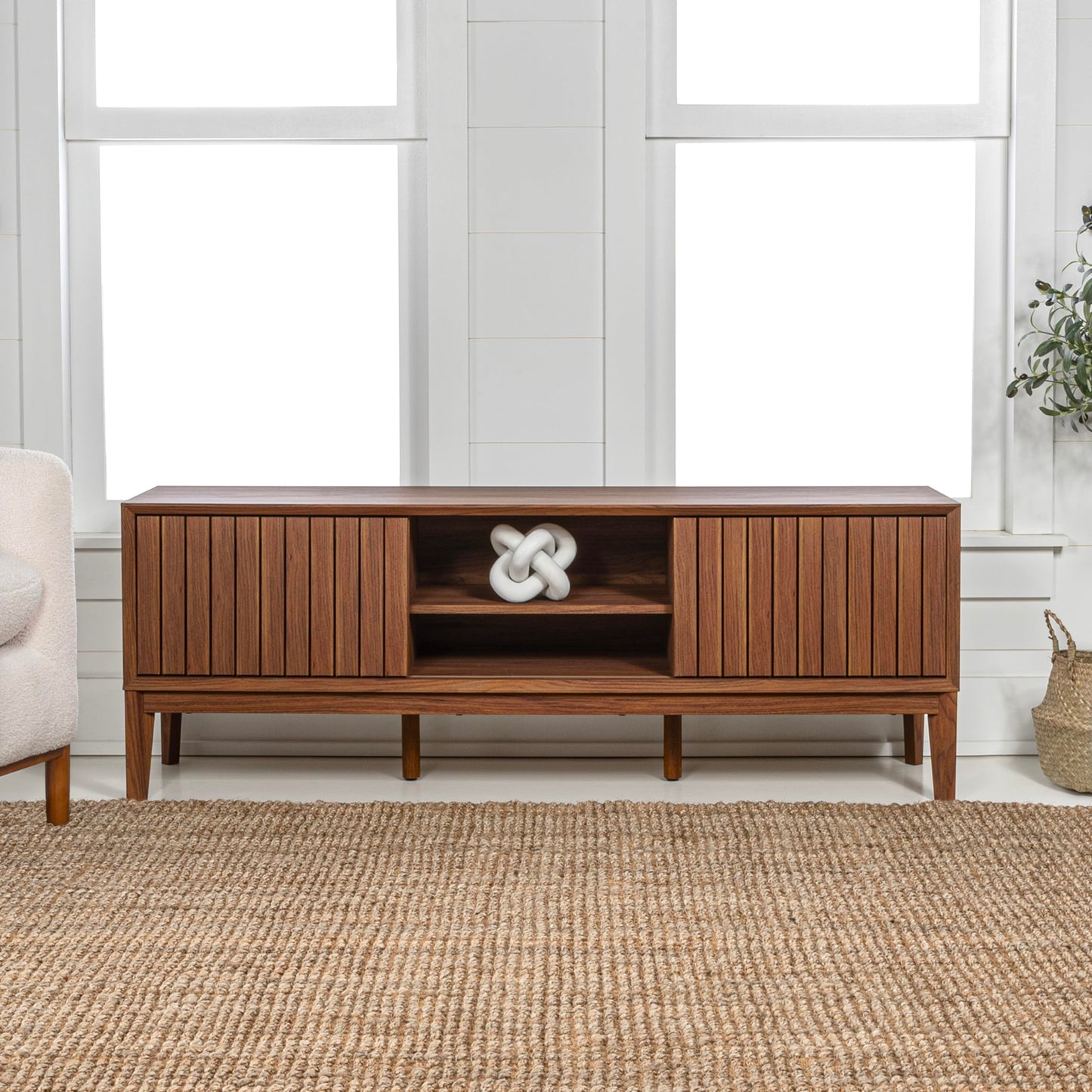 JONATHAN Y Gennaro 58" Mid-Century Wood TV Stand Media Console with Slatted Sliding Doors, Entertainment Center for Living Room with Adjustable Shelves and Cable Management, Walnut TVS1000B