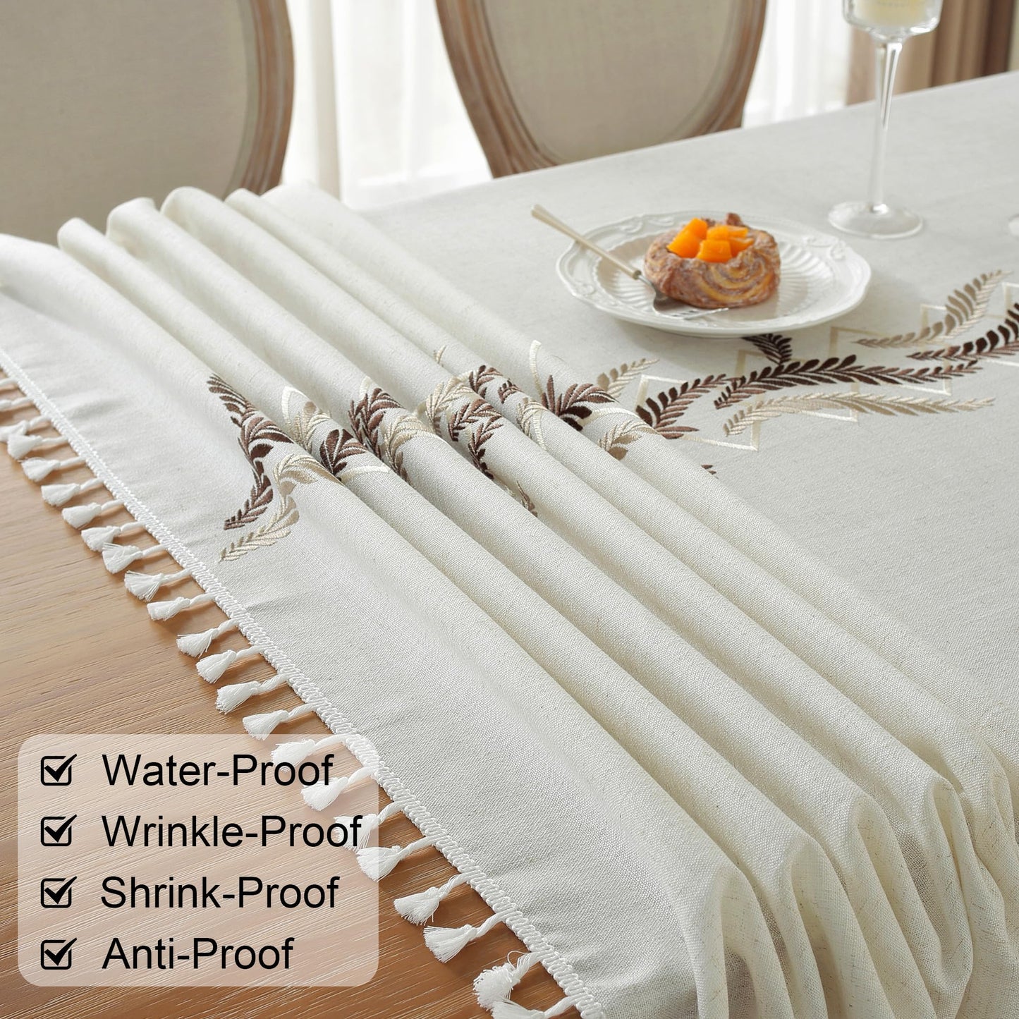 JIALE Tablecloths for Rectangle Tables, Cotton Linen Table Cloth Waterproof Tablecloth Wrinkle Free Farmhouse Dining Tables Cover, Soft Fabric Table Cloths with Tassels, Beige, 55" X 120", 10-12 Seats