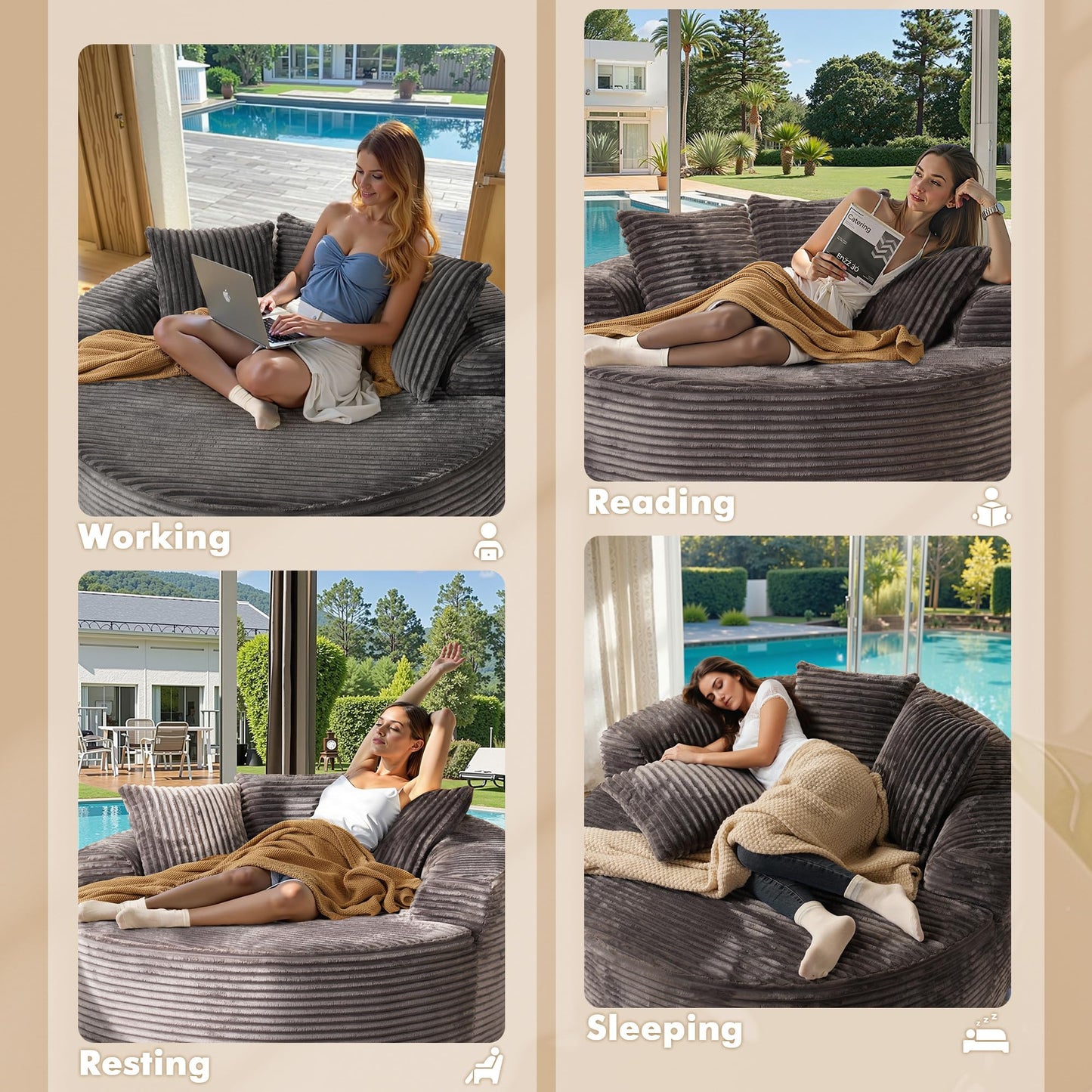 58” Oversized Upholstered Sofa Bed, Round Chaise Lounge Chair Indoor, Fluffy Plush Chaise Lounge, Modern Chenille Cloud Couch with Deep Seat, Comfy Bean Bag Chiar for Living Room Apartment