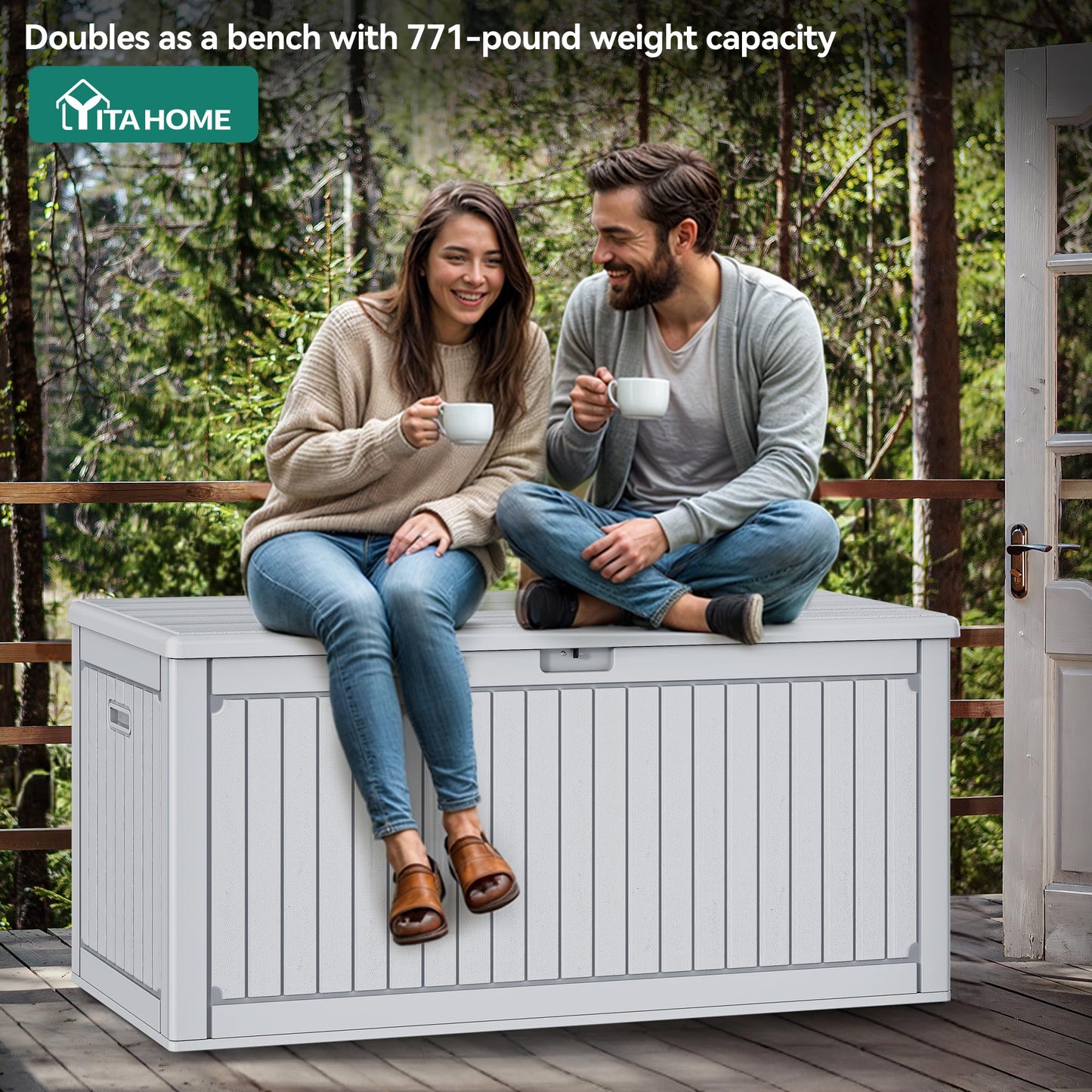YITAHOME 320 Gallon Extra Large Deck Box, Double-Wall Resin Outdoor Storage Box with Flexible Divider for Patio Cushions Pool Supplies Garden Tools, 1000lbs Load Capacity, Lockable&Waterproof (White)