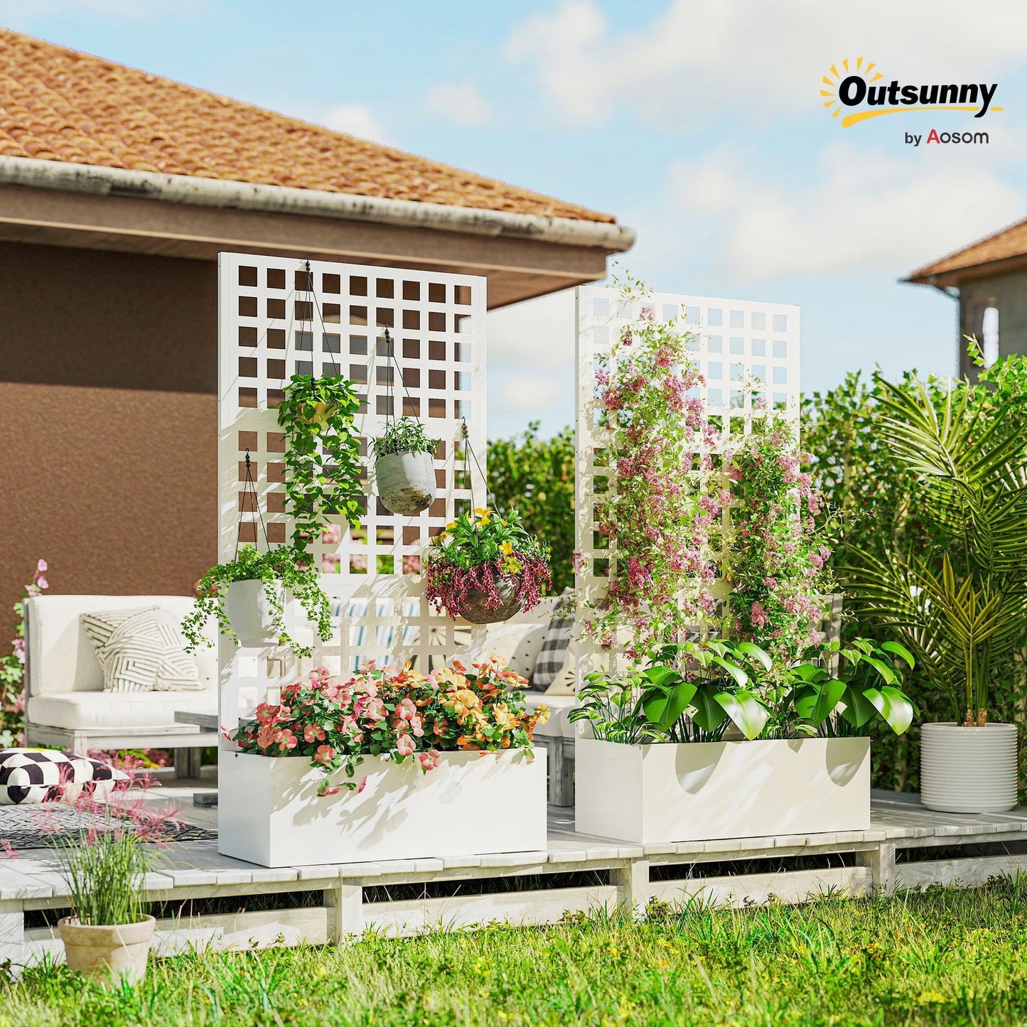 Outsunny Galvanized Raised Garden Bed with Trellis, Metal Planter Box with Drainage Holes, Outdoor Privacy Screen for Climbing Plants, Vegetable, Vines, 35" x 16" x 70", 2 Pack, White