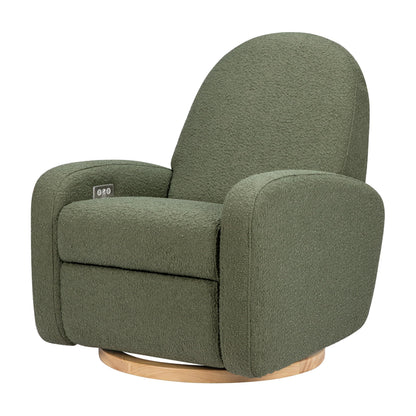 Babyletto Nami Electronic Power Recliner and Swivel Glider with USB Port in Olive Boucle with Light Wood Base, Water Repellent & Stain Resistant, Greenguard Gold and CertiPUR-US Certified