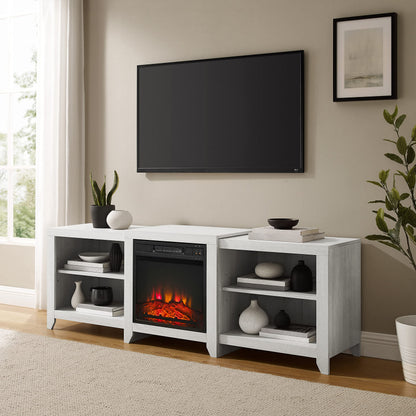 Crosley Furniture Ronin Low Profile Fireplace TV Stand for 75+ inch TVs, Entertainment Center with Shelves, Whitewash