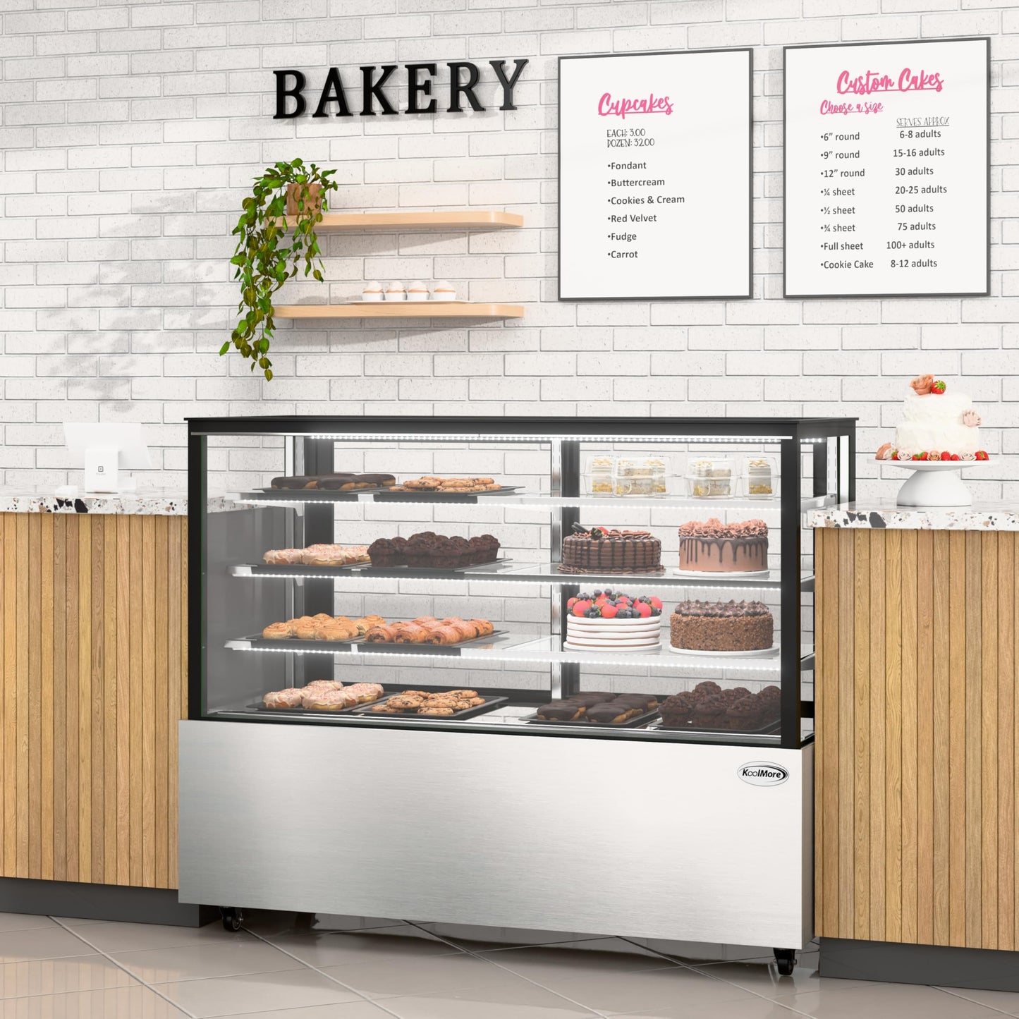 KoolMore Refrigerated Bakery Display Case for Cakes, Pies, and Pastries, 71” Stainless Steel Frame, Glass Front, Multi-Tiered Shelving Rack and LED Lighting- 30 cu.ft (RBD30C)