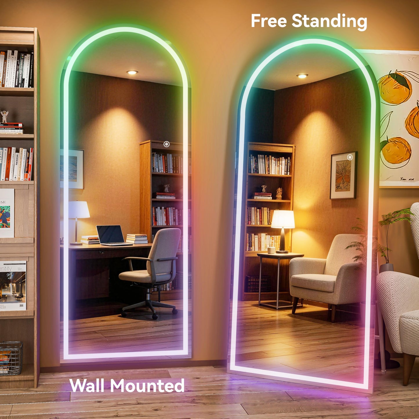 Hasipu Arch Full Length Mirror 95 x 40 in with Stand — Arch LED RGB Full Body Mirror, 7 Lighting Modes, Dimmable, Built‑in Bluetooth Speaker, White Frame for Bedroom Dressing Room