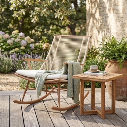 Christopher Knight Home Levi Arc Rocking Chair & Wooden Slat Side Table Set, PE Rattan+Iron Rocker Chair Set with Cushion, 2 Piece Patio Furniture Set with Cross-Stretcher End Table, Brown+Beige+Teak