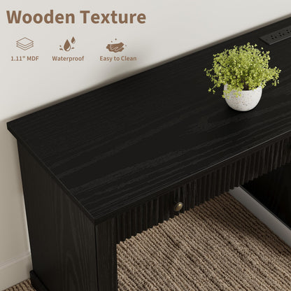 GAOMON 54'' Fluted Home Office Desk with Storage, Modern Executive Desk with Charging Station, Wooden Computer Desk with Drawers for Storage File, Writing Desk for Bedroom (Rustic Black)
