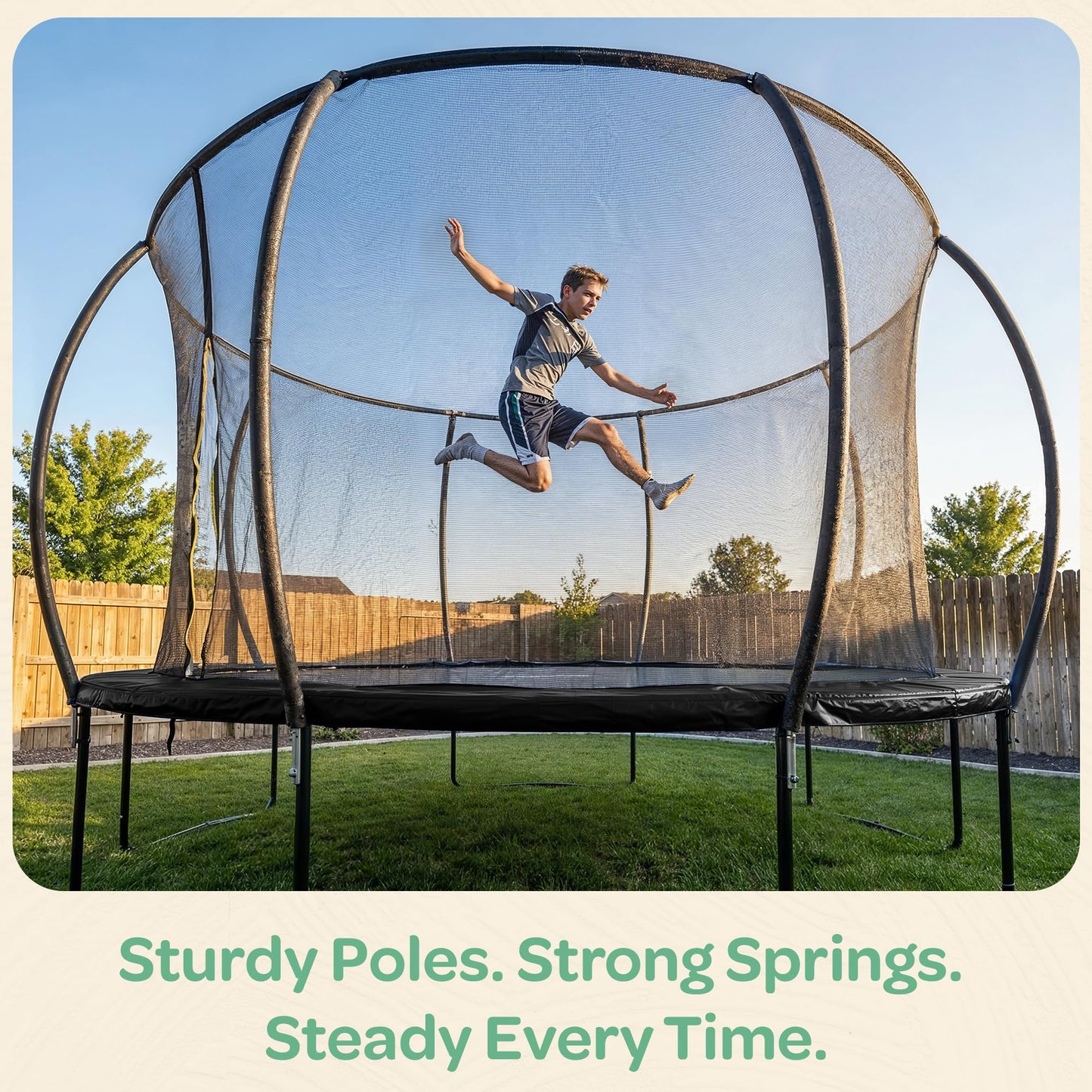 JoyBerri Trampoline Outdoor - Upsurge ASTM Certified Safe 8Ft 10Ft 12Ft 14Ft 15Ft 16Ft Recreational Trampoline for Kids and Adults. Anti-Rust Coating with Enclosure Net, Ladder, Sprinkler & LED Lights