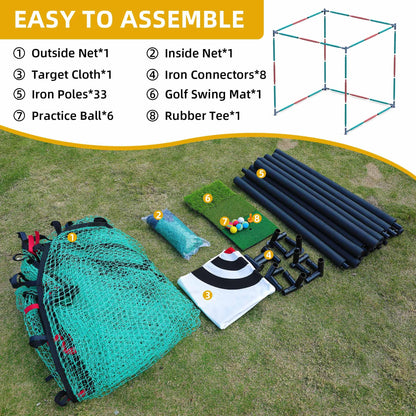 Shopsource Golf Cage with Steel Freame, 10x10x10ft Golf Hitting Net Cage with Rubber Hose, Noise Reduction for Backyard Indoor Outdoor Lawn Practice(Includes 1 Hitting Mat 6 PU Balls 1 Tee)