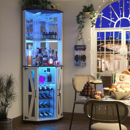 Oransail 68.9“ Tall Corner Bar Cabinet, Wine Bar with LED Light and Mirror, Farmhouse Liquor Cabinet with Adjustable Shelf & Glass Rack, for Dining Room, Living Room