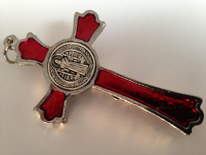 Hand Made St Benedict Cross Medal Crucifix, 3" Tall, Silver Plated with Red Enamel