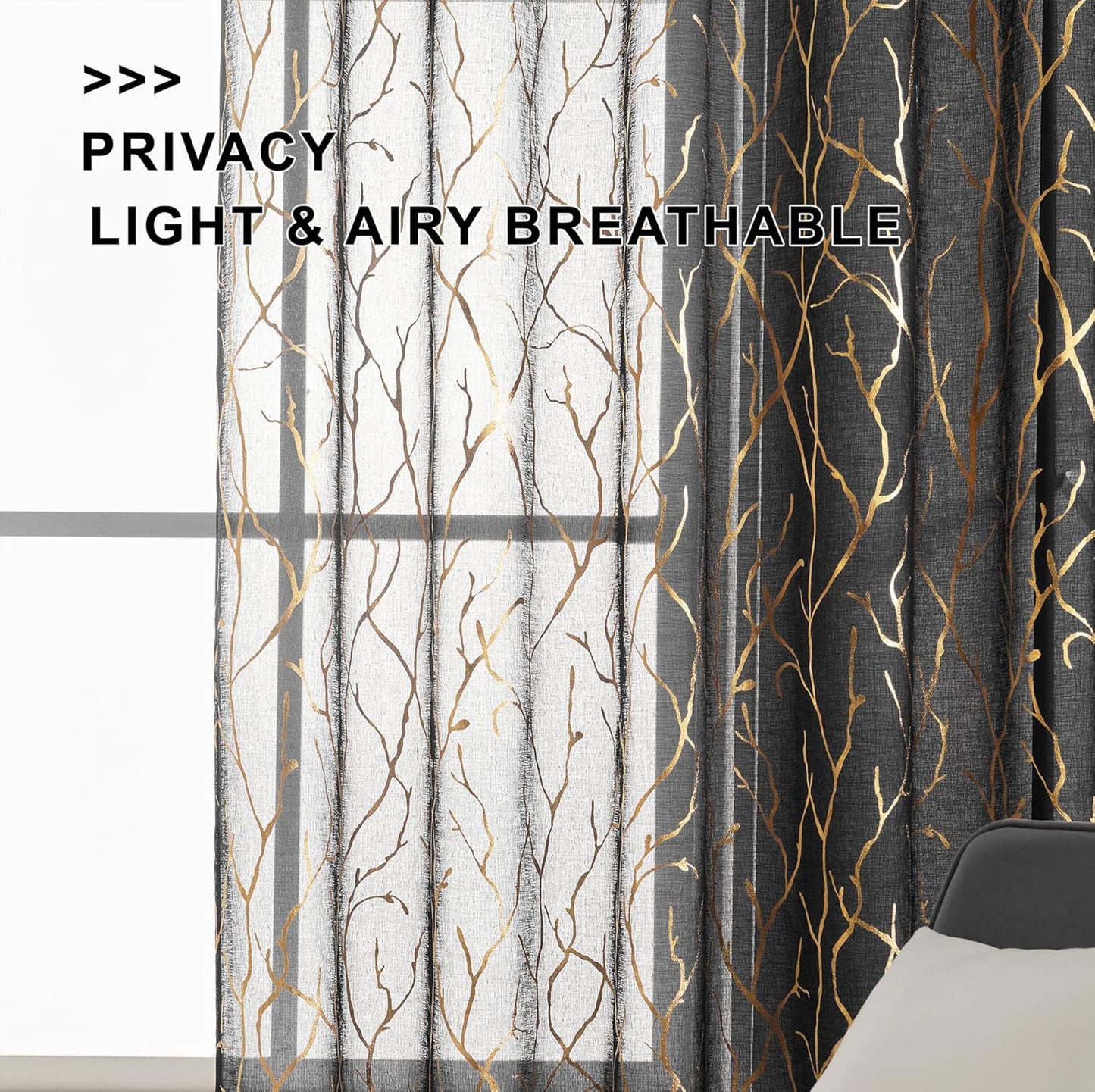 FINECITY Black Gold Sheer Curtains, Metallic Gold Foil Tree Branch, 63 Inch Length, Set of 2