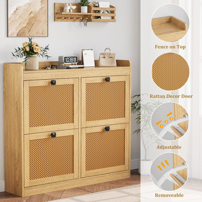 Shoe Cabinet with 4 Deep Flip Drawers, Base Freestanding Wooden Shoe Storage Cabinet with Rattan Door & 3-Tier Adjustable Shelves,Shoe Organizer for Entryway,Hidden Shoe Rack for Hallway,2PCS