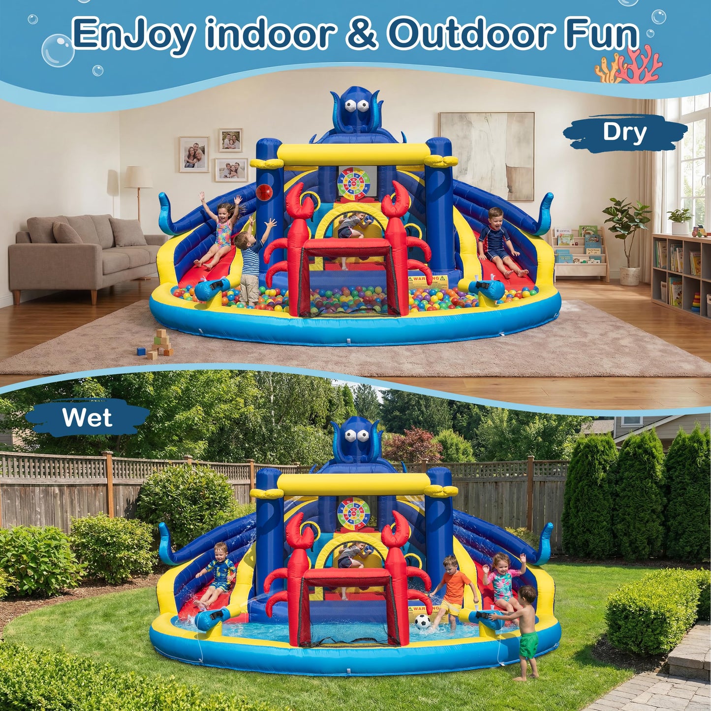TOAOB Inflatable Water Slide for Kids 3-12: Blow Up Backyard Water Park with 550W Blower- 8 in 1 Octopus-Themed with 2 Slides for Outdoor Birthday Party