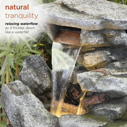 Alpine Corporation 41" Tall Outdoor Cascading Rainforest Rock Waterfall Floor Fountain with LED for Gardens, Patios, and Yards, Brown