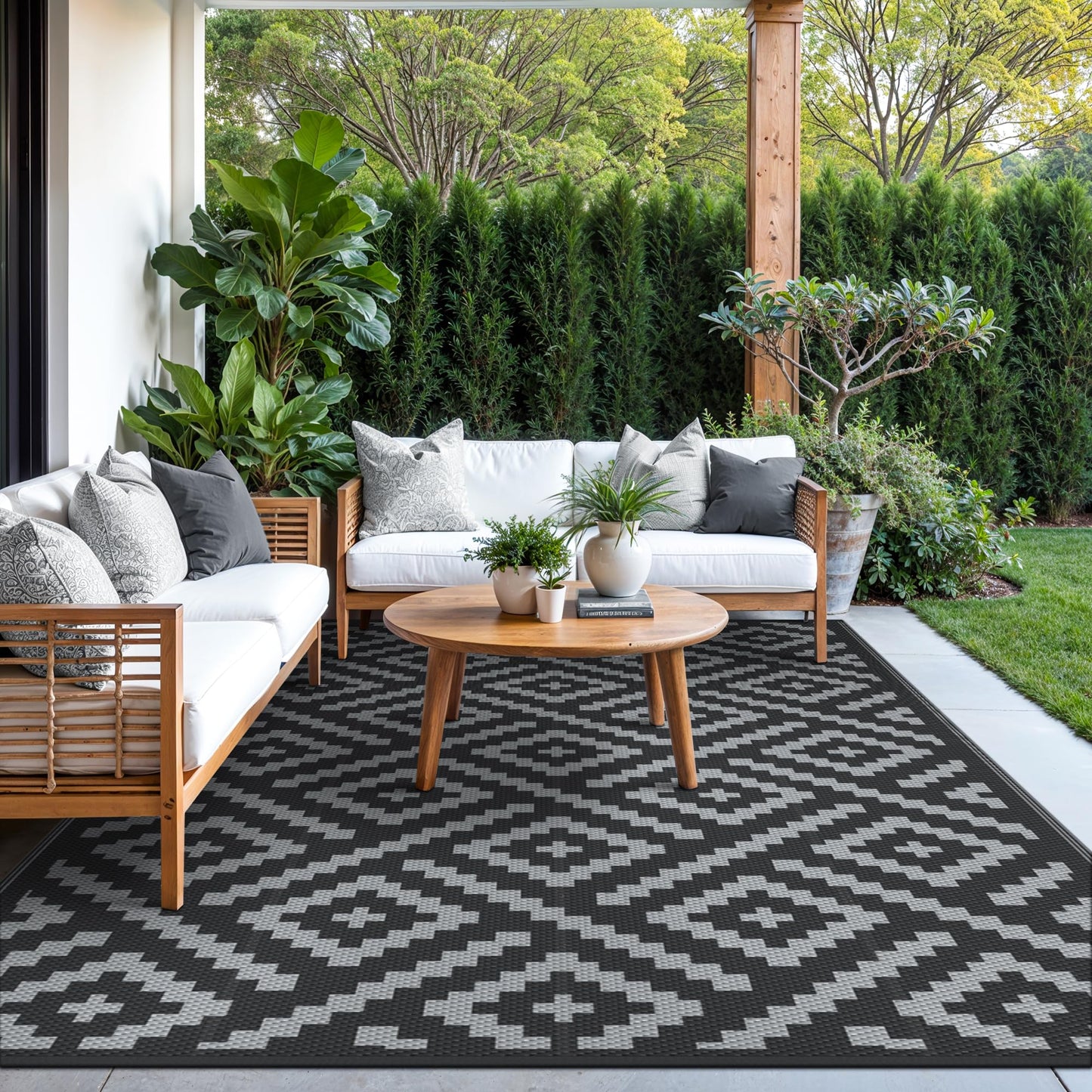 GENIMO Outdoor Rug for Patio Clearance,5'x8' Waterproof Mat,Reversible Plastic Camping Rugs,Rv,Porch,Deck,Camper,Balcony,Backyard,Black & Gray