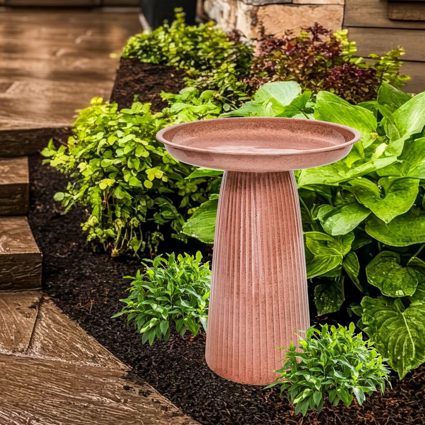 Sunnydaze Gleeful Garden 23" Iron Pedestal Bird Bath for Outside - Modern Shallow Basin Birdbath for Outdoors with UV-Protected Rust-Resistant Finish for Patio, Garden, Yard Decor - Canyon Clay Glaze