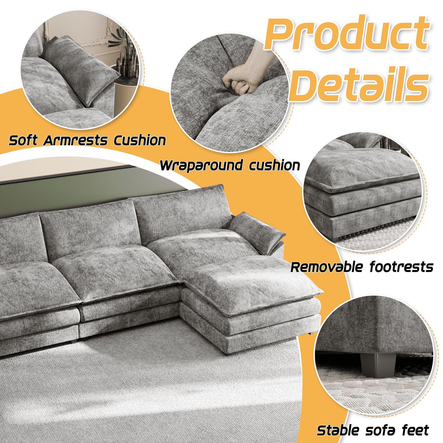 Shahoo Couches for Living Room, Sectional Modular Sofa U Shaped Chenille Fabric Couch with High Supportive & Soft Sponges and Removable Ottoman, Sleeper Comfy Upholstered Couch, Grey