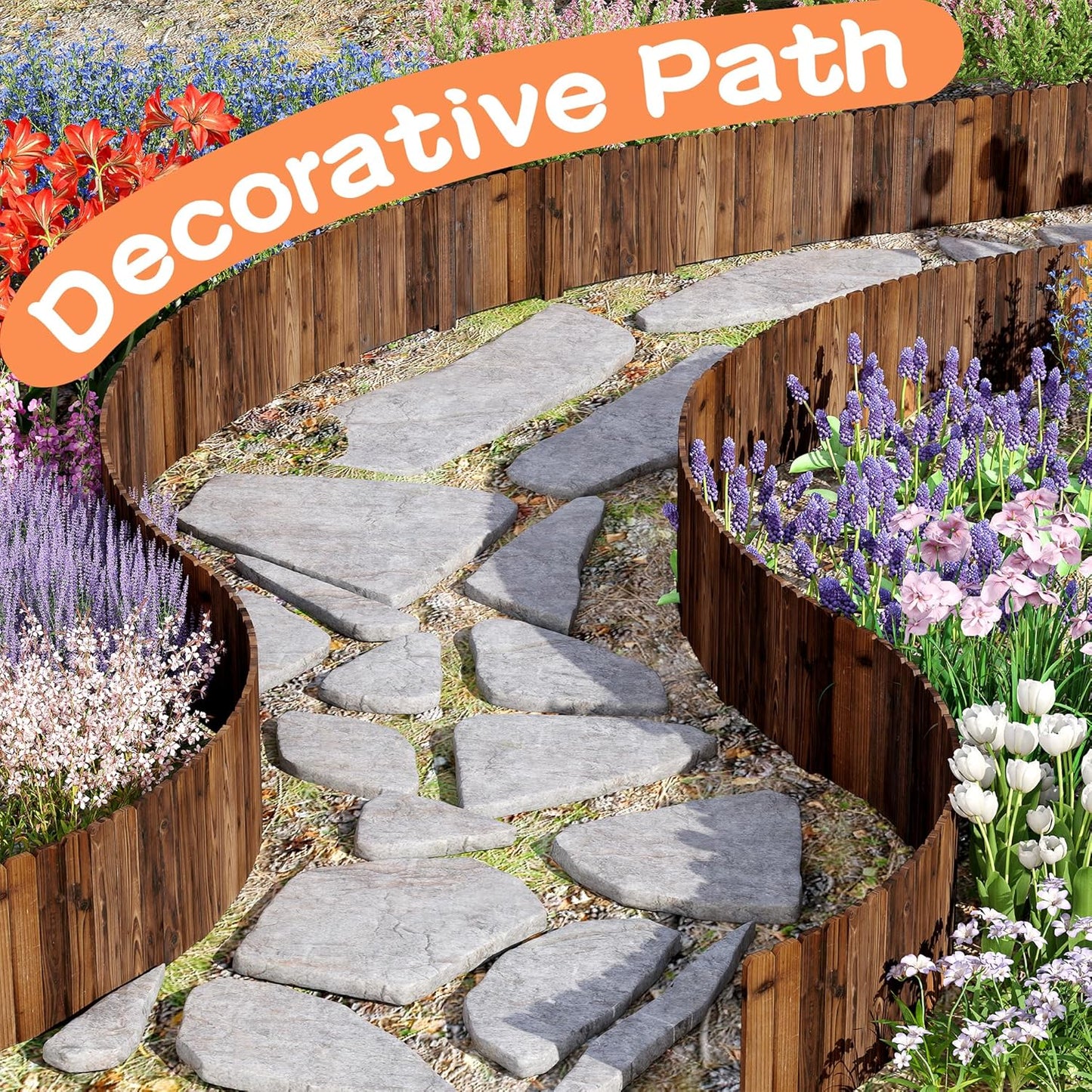 Wooden Garden Fence Decorative Landscape Edging, 11.8'' H x 48'' L Planting Tree Border for Yard Patio Path (1 PACK)