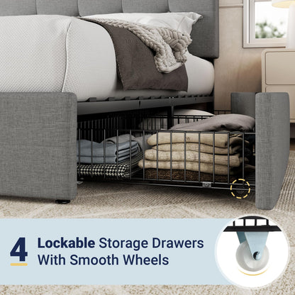 Allewie Upholstered King Size Platform Bed Frame with 4 Storage Drawers and Headboard, Square Stitched Button Tufted, Mattress Foundation with Wooden Slats Support, No Box Spring Needed, Light Grey