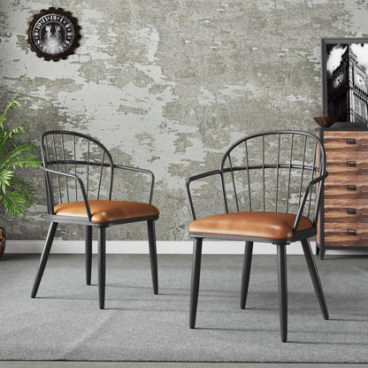Christopher Knight Home Drats Dining Chairs Set of 2, Accent Dining Chair, Faux Leather Upholstered Kitchen Chair, Bucket Backrest Metal Frame Armchair, Industrial Dining Chair for Dining Room, Brown