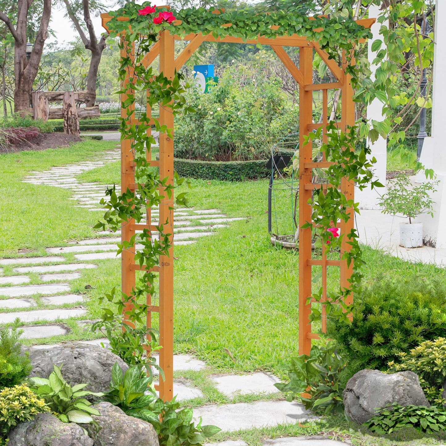 85" Wooden Garden Arbor for Wedding and Ceremony, Outdoor Garden Arch Trellis for Climbing Vines, Pergola Style Arbor Top, Sturdy Fir Wood, Easy Assembly, Orange