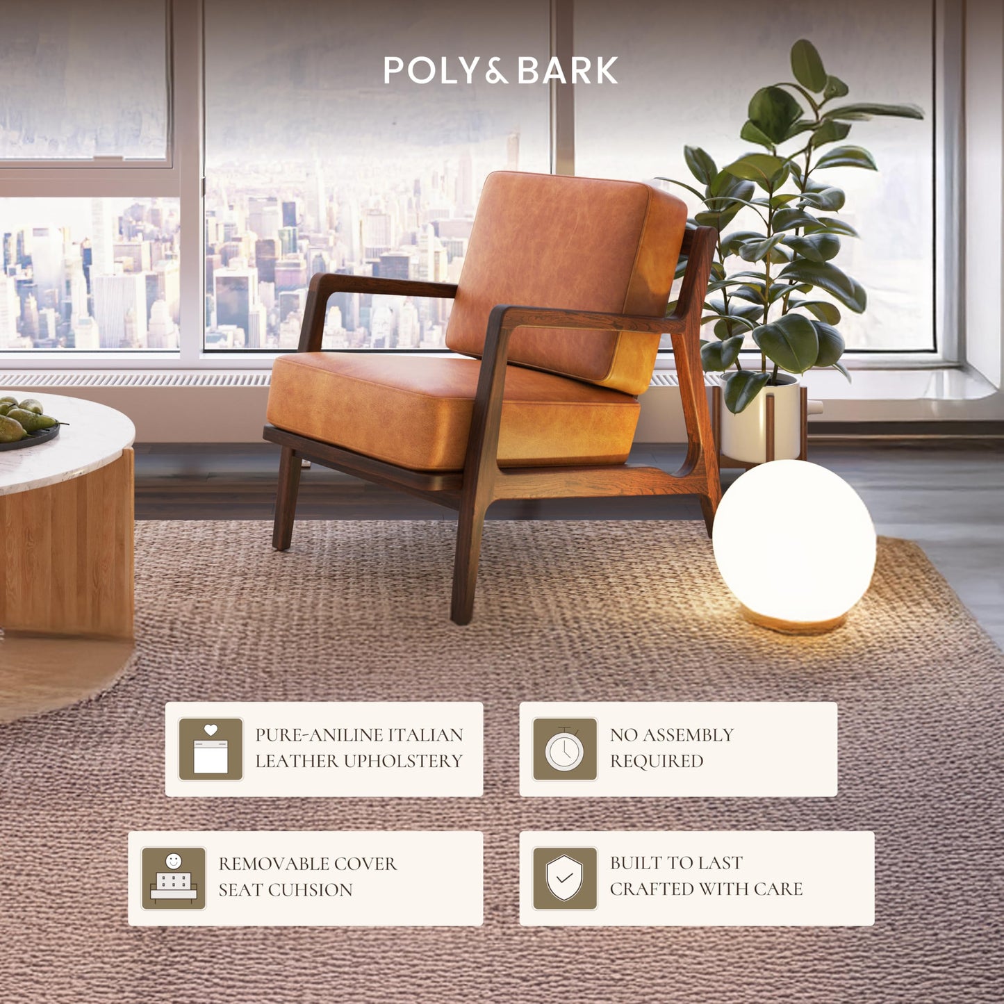 Poly & BARK Verity Leather Accent Chair – Armchair with Walnut Wood Frame – Fashion-Forward Lounge Seating for Living Room – Upholstered in Cognac Tan Leather for Modern Style