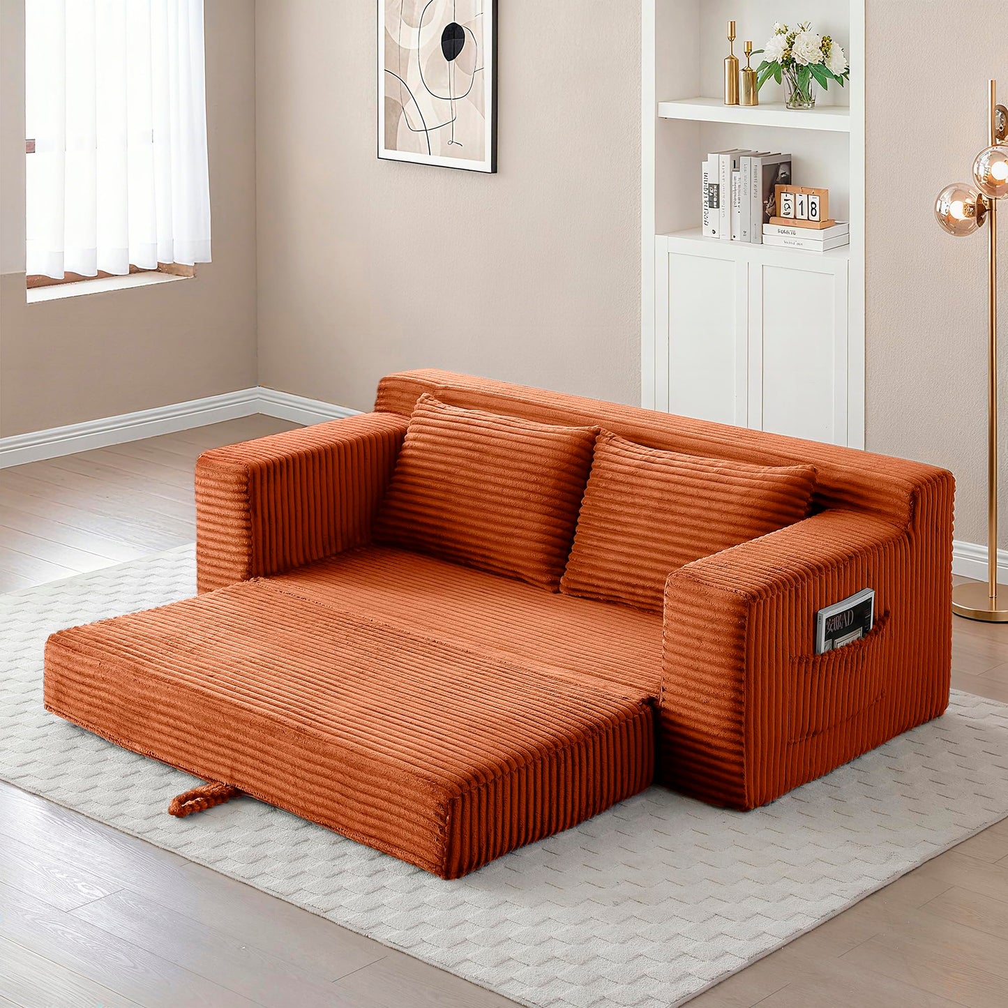 Zyerch 73" Convertible Sofa Bed, 2 in 1 Corduroy Folding Couch with Pillows, No Assembly Boneless Compression Sofa in Box, Loveseat with Side Storage Pocket for Apartment, Living Room, Orange