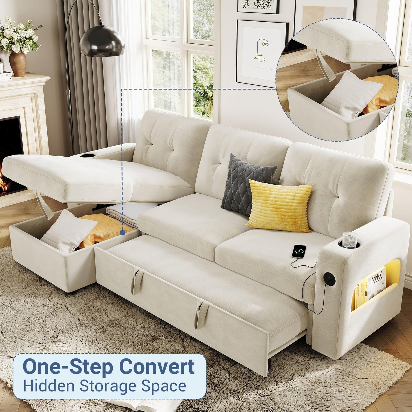 GarveeHome 84 Inch Sleeper Sofa Couch, L-Shaped Couches, Convertible Pull Out Sofa Bed with Storage, Charging Station, Led Lights, Modern Sectional Sofas for Living Room, Apartment, Velvet, Beige