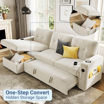 GarveeHome 84 Inch Sleeper Sofa Couch, L-Shaped Couches, Convertible Pull Out Sofa Bed with Storage, Charging Station, Led Lights, Modern Sectional Sofas for Living Room, Apartment, Velvet, Beige