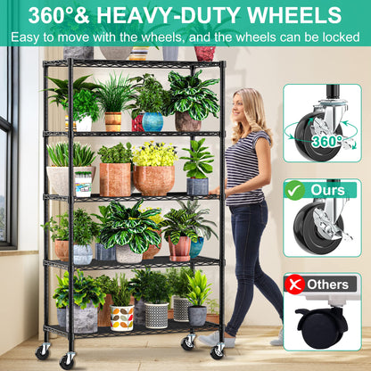 Folews 5 Tier Storage Shelves with Wheels - Adjustable Wire Shelving Unit Metal Shelves for Storage Rolling Utility Shelf Organizer Rack for Kitchen Garage Pantry Closet Laundry(14D x 36W x 75H)