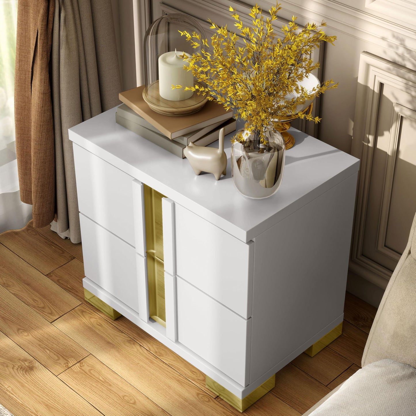 Furniture of America Ansten Modern Contemporary Solid Wood 23-inch 2-Drawer Nightstand with Dust Proof Cases, Acrylic Trim, Easy Assembly for Bedroom, Guest Room, White and Gold