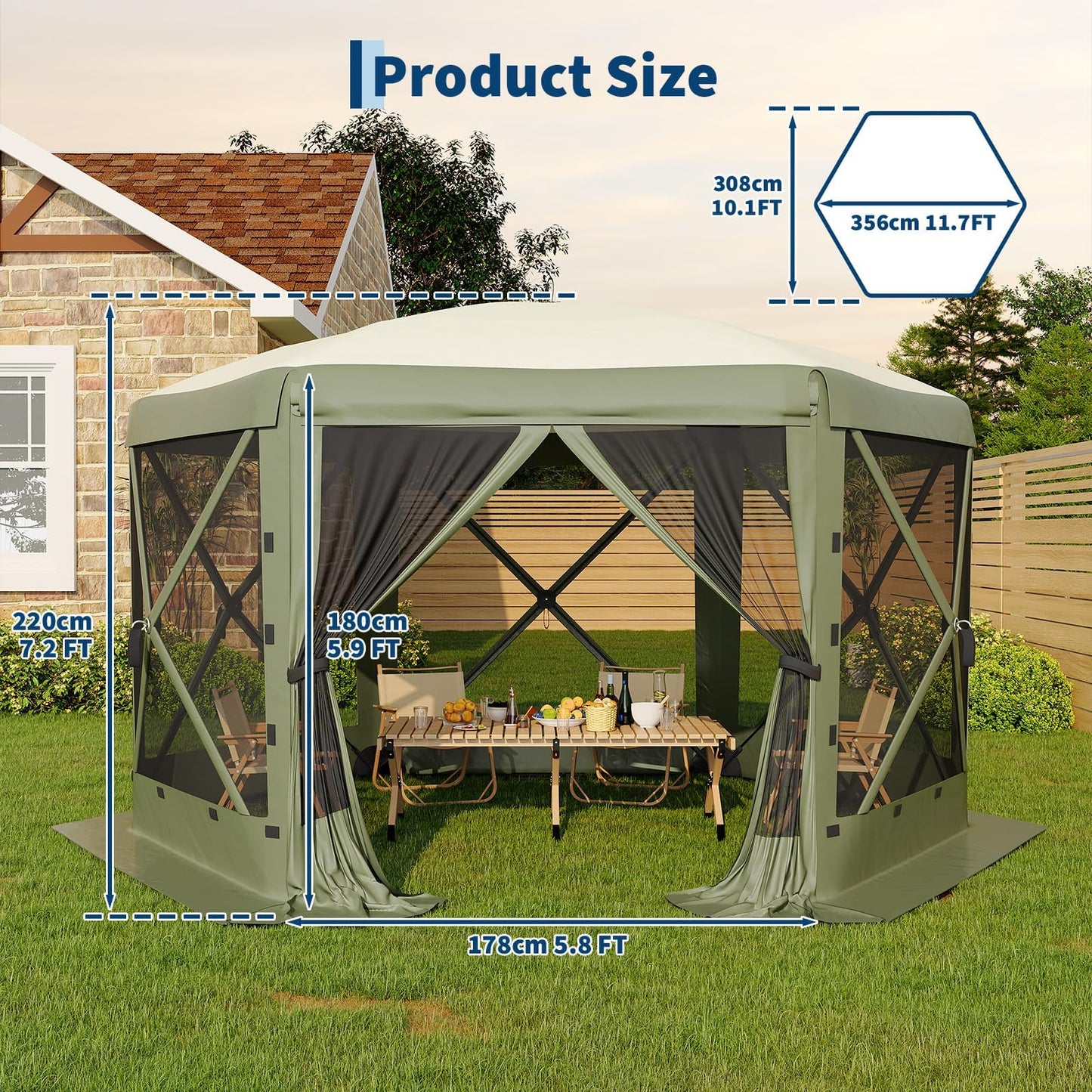 11FT Pop Up Canopy Tent with Mesh Screens – Hexagon Shelter, 6 Side Walls, 210D Polyester, 9.5mm Steel Frame, 230cm Height – Outdoor Camping Gazebo for Beach, Garden, Party, Events