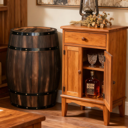 NDDKSII Vintage Whiskey Barrel End Table with 2-Tier Shelf - Reclaimed Wood Rustic Wine Barrel Cabinet with Metal Hoops, 27.56" Antique Furniture for Man Cave, Home Bar & Farmhouse Living Room