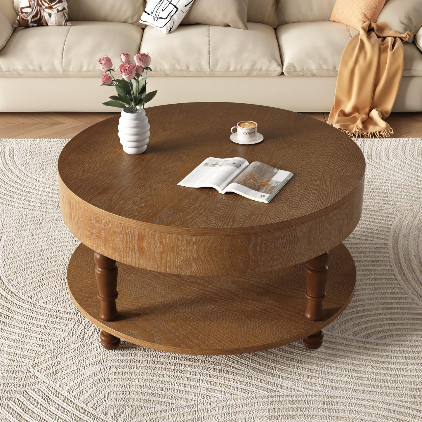 Hayzz Round Coffee Table with Storage 31.5 Inch, Modern Lift Top Accent Coffee Table with Hidden Compartment & Lower Shelf, Adjustable Leveling Feet, Easy Assembly for Living Room, Walnut Brown