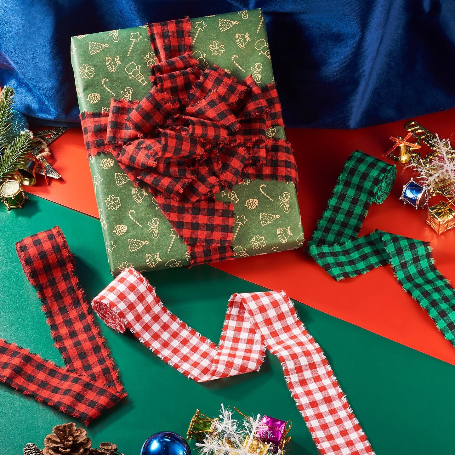 FASHEWELRY 3 Rolls Christmas Plaid Ribbon Cotton Handmade Fringe Wrapping Ribbon Red Green Natural Linen Ribbons for Christmas Tree Bows Decorations Gifts Wrapping