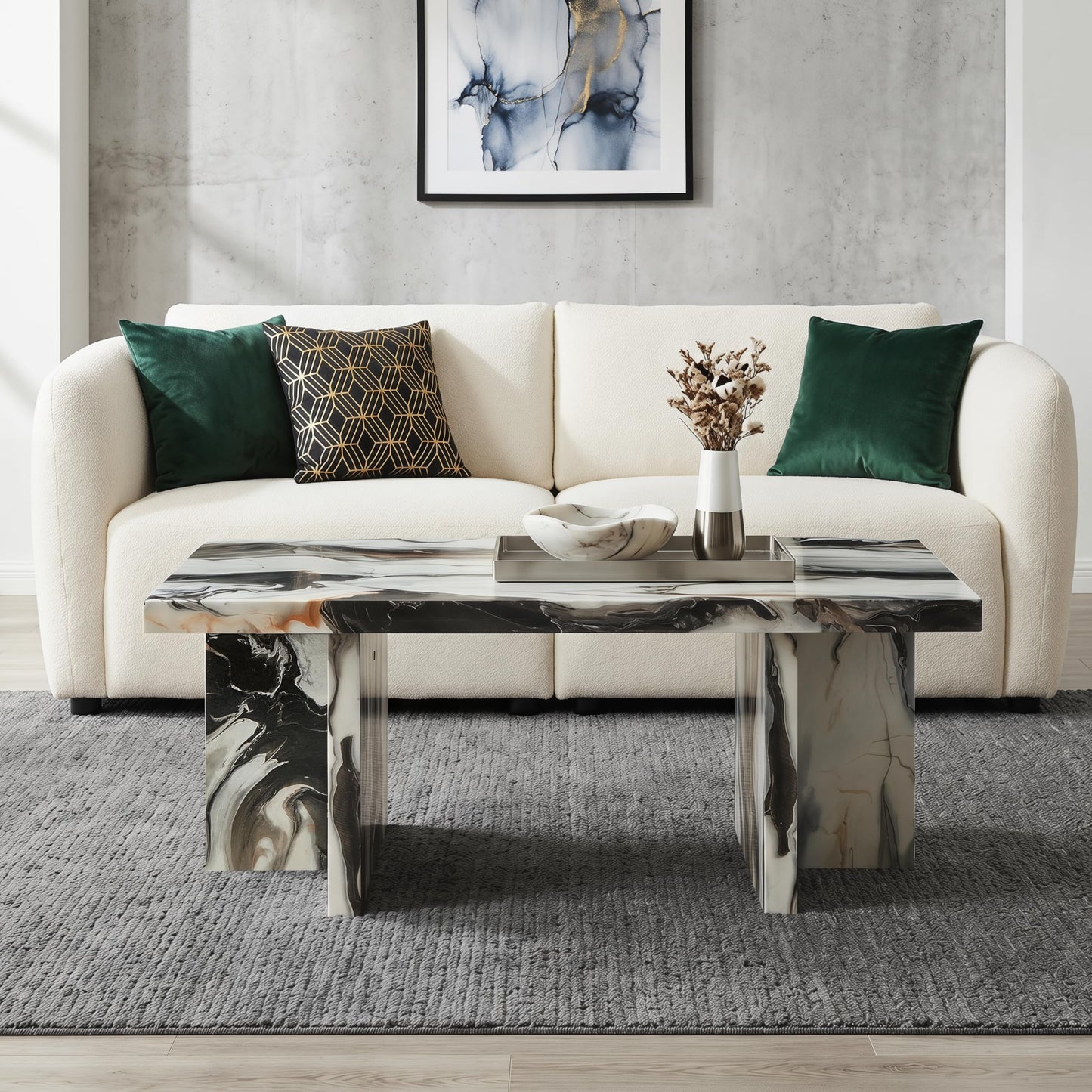 Roundhill Furniture Mchome 3-Piece Coffee Table Set, Coffee Table and Two End Tables, Off-White Faux Marble